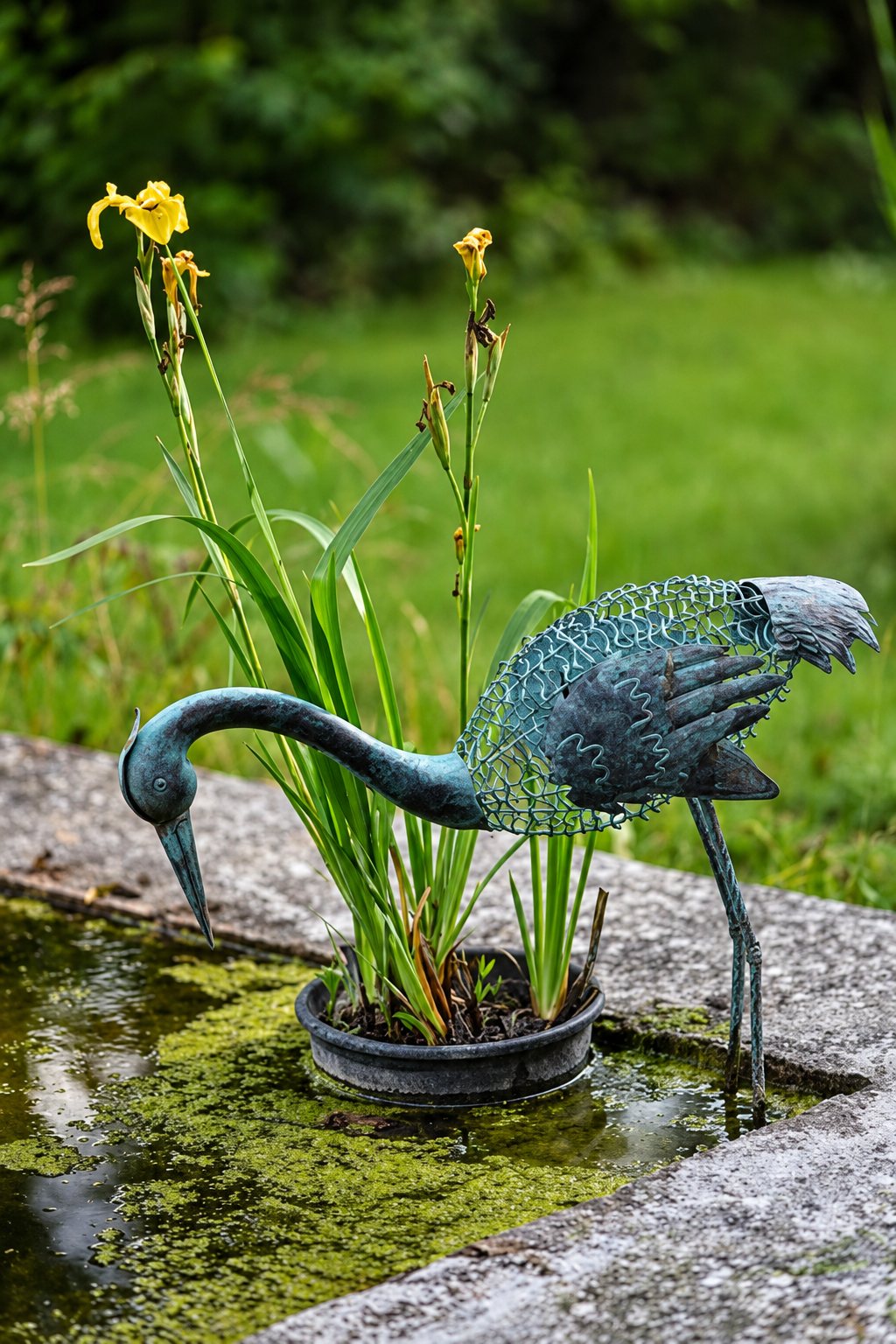 Une sculpture de héron en métal vert-de-gris penche le cou vers l'eau d'un bassin en pierre, à côté d'un pot d'iris jaunes en fleurs.